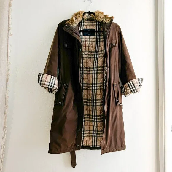 Burberry London Rabbit Fur Trimmed Stand Collar Tench Coat with Belt - Picture 4 of 11